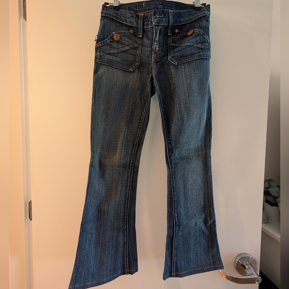 Rock & Republic Women's Y2K 2000s Low Rise Dark Blue Flare Jeans Size 25